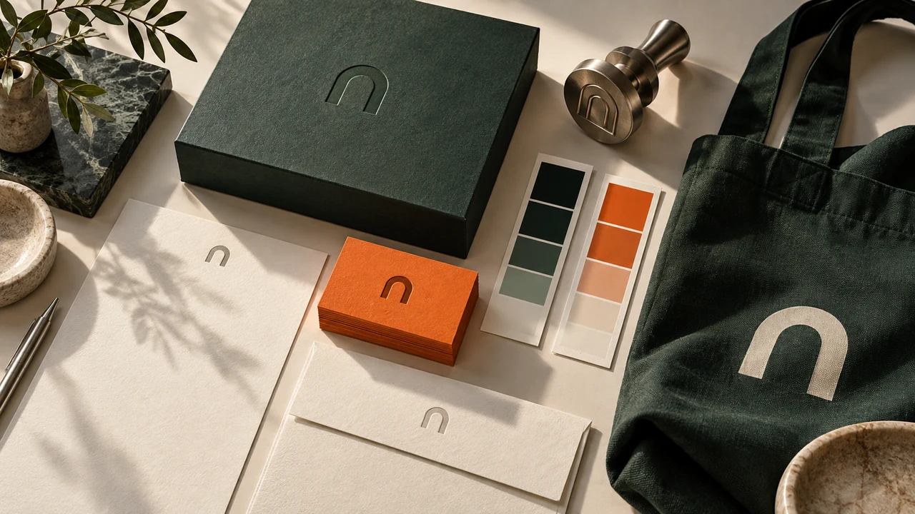 A coordinated identity across green packaging, orange business cards, stationery and a fabric tote