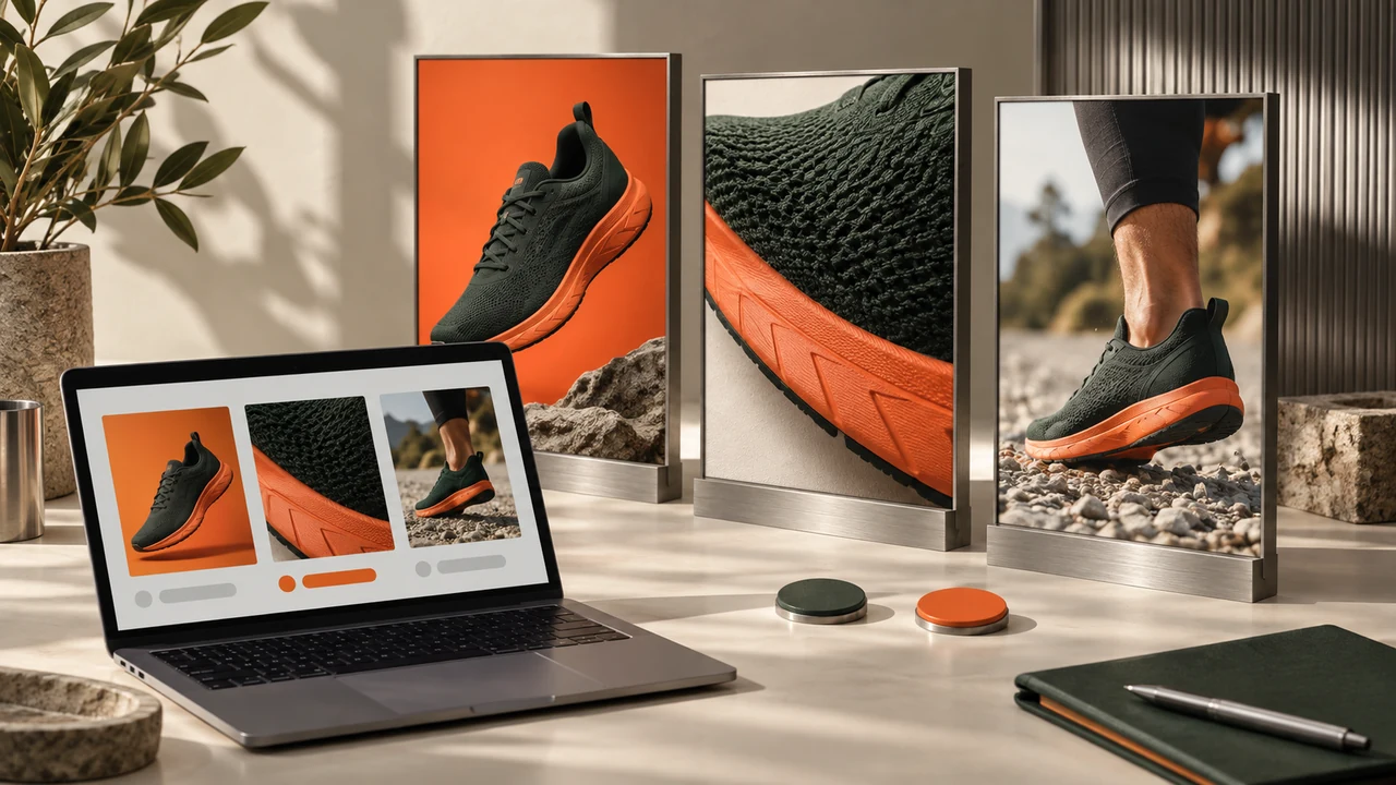 Three shoe advertisement variations alongside a campaign selection screen
