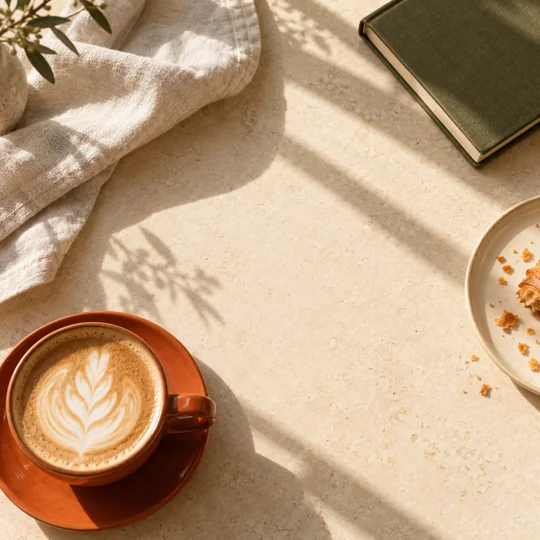 Coffee, a green notebook and linen on a sunlit table