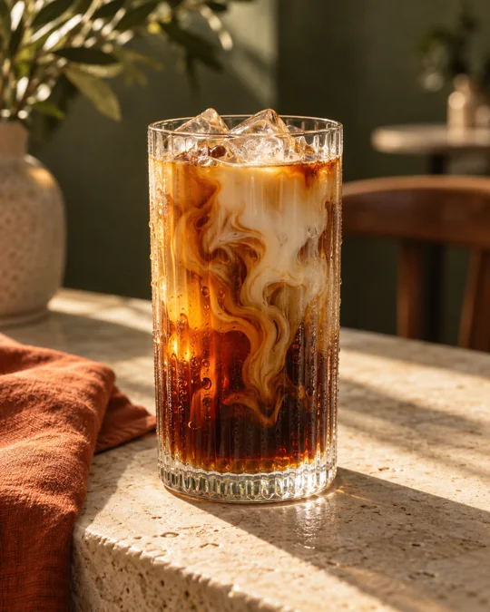 Iced coffee with amber and cream swirls