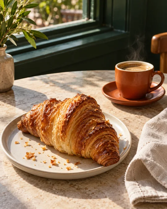 A flaky croissant and orange espresso cup in morning light