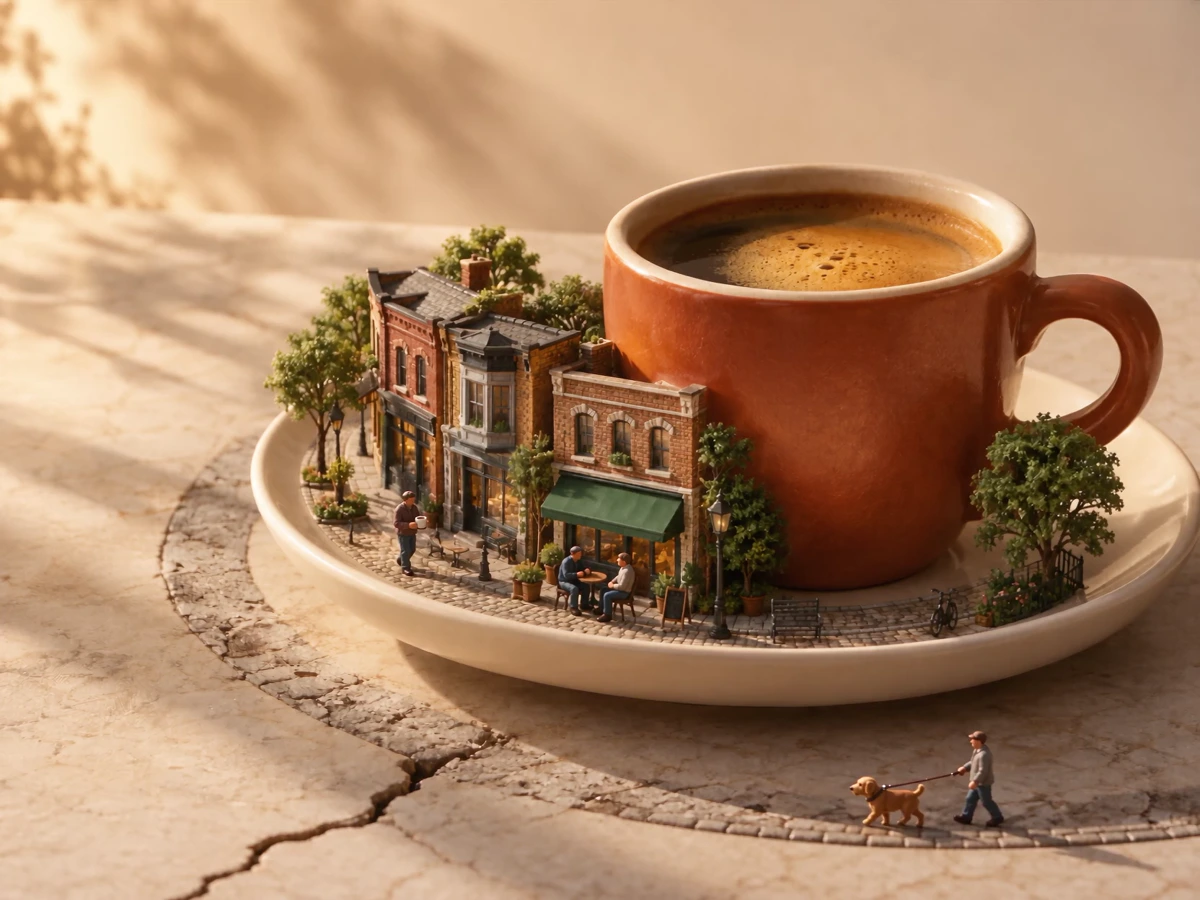 A miniature brick neighbourhood surrounding an orange espresso cup on its saucer